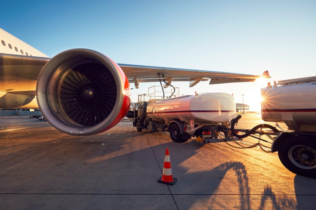 Aircraft refueling with aviation turbine fuel at airport terminal